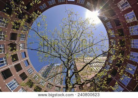 Concentric View At The Center Of A Round And Tube Brick Building At Clioplein Under A Shiny Spring M