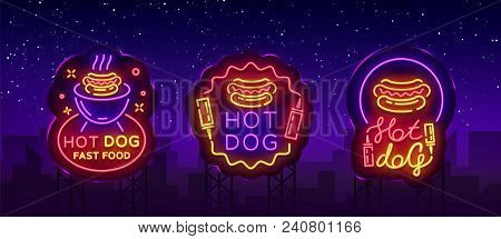 Hot Dog Collection Neon Signs Vector. Hot Dog Set Logos In Neon Style Design Template, Night Neon Em