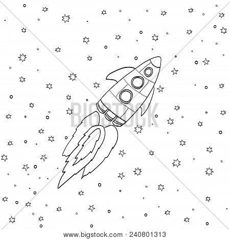 Cartoon Rocket On Space Background, Vector Illustration. Simple Flying Spaceship Drawing.