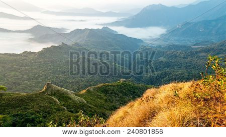 View Of Sea Of Fog In The Morning From Phu Chi Dao Viewpoint In Chiang Rai, Thailand.