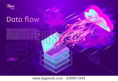 Data Flow Design Concept. Isometric Vector Illustration In Ultraviolet Colors. Process Of Data Movem