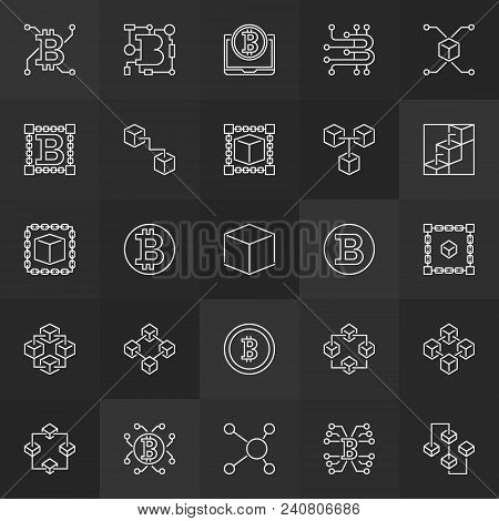 Blockchain Technology Linear Icons - Vector 25 Block-chain Minimal Outline Symbols Or Logo Elements 