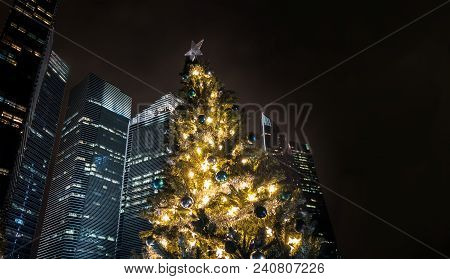 Christmas Tree In Front Of Modern Buildings In Singapore At Night
