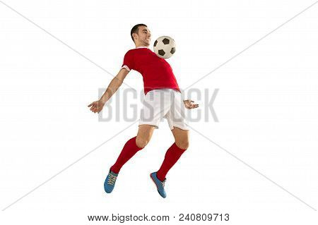 Professional Football Soccer Player In Motion Isolated White Studio Background. Fit Caucasian Man In