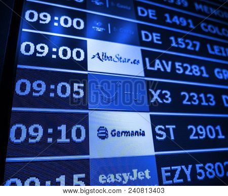 Palma De Mallorca, Spain - May 8, 2018: Close-up Details Of A Typical Airport Information Board With