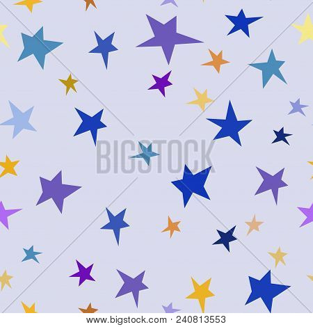 Blue Violet Yellow Stars Seamless Pattern With Randomly Abstract Sky Vector Texture. For Kids Fabric