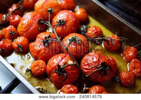 Roasted cherry tomotoes food photography recipe idea