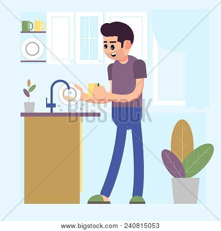 Man Washing Dirty Dishes Plates In A Sink In The Kitchen. Vector