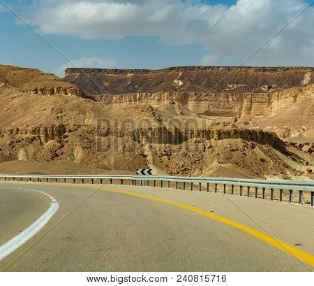Asphalt Road In Desert Negev, Israel, Road 40, Transport Infrastructure In Desert, Scenic Mountains 