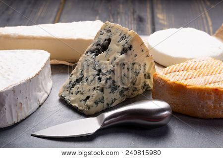 French Cheeses Plate In Assortment, Blue Cheese, Brie, Munster, Soft Goat Cheese, Neufchatel
