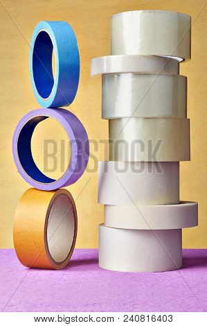 Set Of Bopp Packaging Tape And Paper Masking Multi Colored Tape For Painting Works.