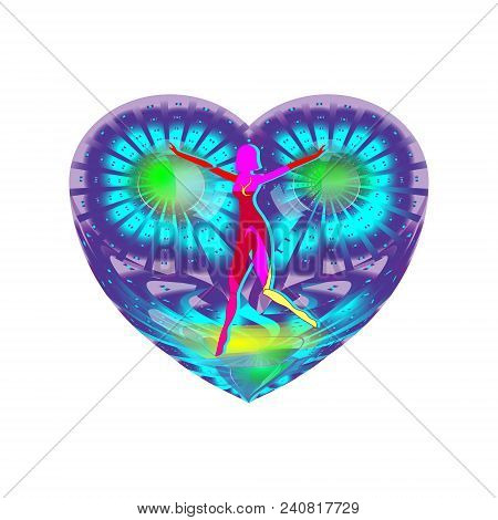 Silhouette Of A Girl On The Background Of A Fantastic Heart. Colorful Illustration Of Flying Feeling