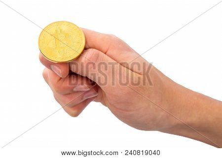 Tossing Golden Bitcoin In A Man Hand. Heads Or Tails You Decide. Concept Of Chance Digitall Symbol O