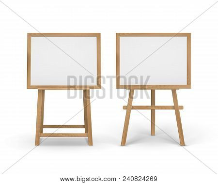 Set Of Wooden Brown Sienna Art Boards Easels With Mock Up Empty Blank Horizontal Canvases In Frame I
