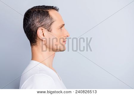 Profile, Half Face Portrait With Copy Space Of Trendy, Attractive, Stylish, Man Looking At Empty Pla