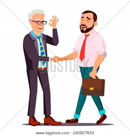 Happy Client Vector. Business Concept. Suit. Partners And Clients. Meeting Handshaking. Agreement Si