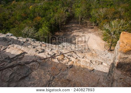 Coba, Mexico, Yucatan: Top View Of The Jungle And The And The Steps Of The Great Pyramid Coba Nohoch
