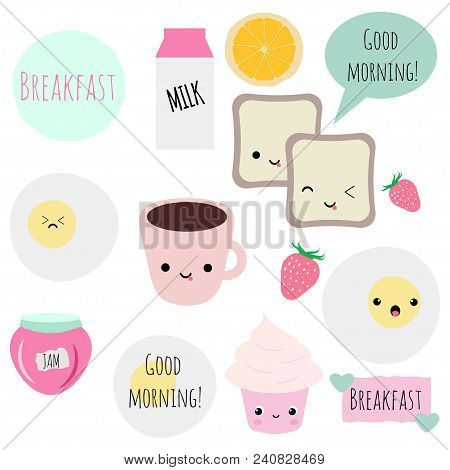 Set Of Kawaii Vector Breakfast Items For Stickers, Patches, Bullet Journals, Scrapbooking, Etc.
