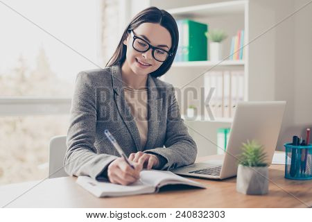 Collar Executive Love To Work Concept. Portrait Of Pretty Perspective Intelligent Clever Responsible