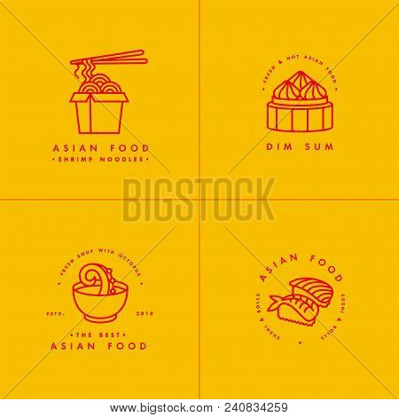 Vector Set Of Logo Design Templates And Emblems Or Badges. Asian Food - Noodles, Dim Sum, Soup, Sush
