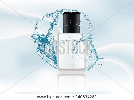 Advertising Magazine Page, Splash Of Water.realistic Transparent Flacon With Black Lid For Cosmetic 