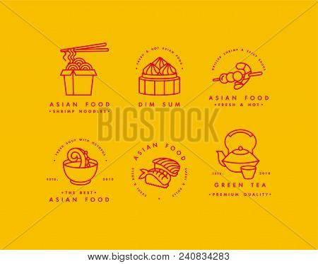 Vector Set Of Logo Design Templates And Emblems Or Badges. Asian Food - Noodles, Dim Sum, Soup, Sush