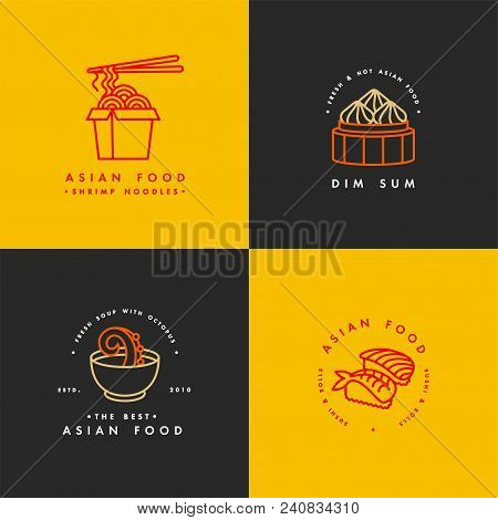 Vector Set Of Logo Design Templates And Emblems Or Badges. Asian Food - Noodles, Dim Sum, Soup, Sush