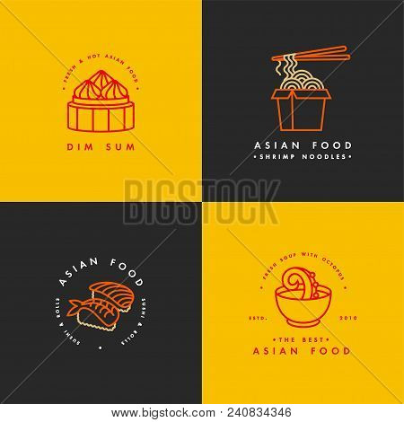 Vector Set Of Logo Design Templates And Emblems Or Badges. Asian Food - Noodles, Dim Sum, Soup, Sush