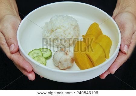 Thai Treaditional Food, Jasmine Rice With Vegetables And Fruits As Mangosteen, Mango And Cucumber.