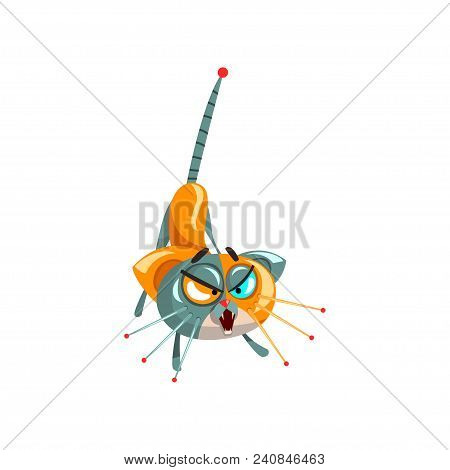 Cute Funny Angry Robotic Cat Lying On The Floor, Artificial Intelligence Concept Vector Illustration