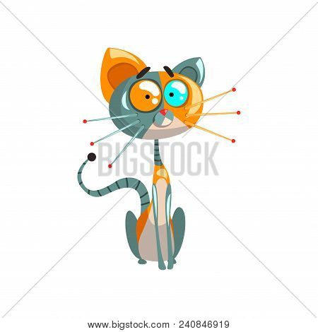 Cute Friendly Robotic Cat Sitting On The Floor, Artificial Intelligence Concept Vector Illustrations