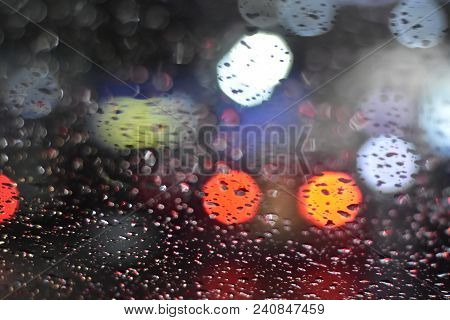 Abstract Bokhe And Light At Night Rain Drop On Background