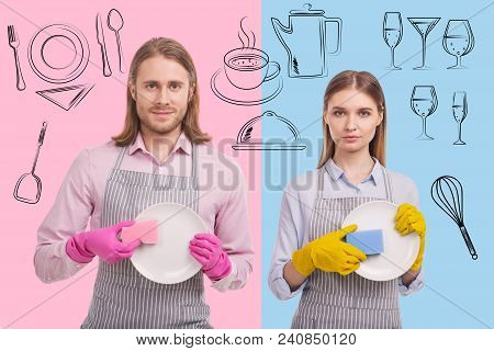 Preparing For Banquet. Portrait Of Young Positive Waiters Using Washups And Cleaning Dishes While St