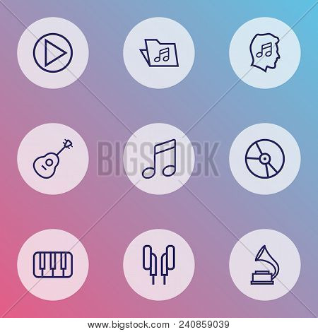 Multimedia Icons Line Style Set With Play, Guitar, Folder And Other Cover Elements. Isolated  Illust
