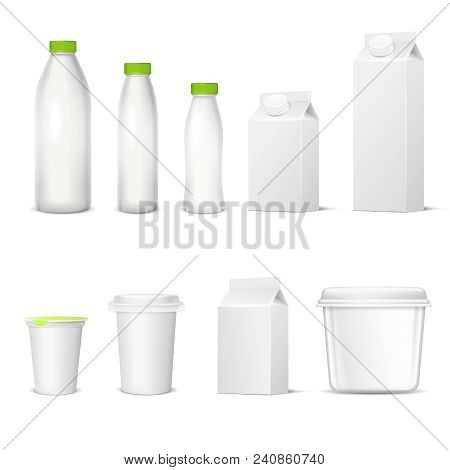 Set Of White Blank Realistic Dairy Packaging Including Plastic Bottles And Carton Packets Isolated V