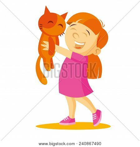 Girl Holding A Kittenvector Illustration Isolated On White Background