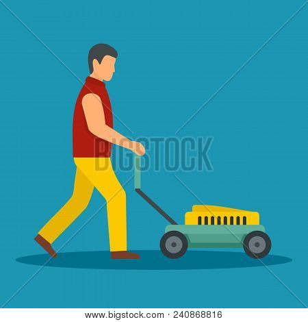 Man Move The Lawn Mower Icon. Flat Illustration Of Man Move The Lawn Mower Vector Icon For Web Desig