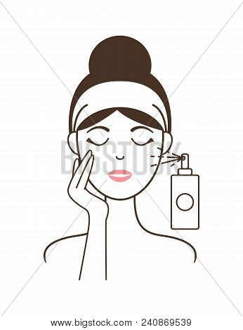 Girl In Headband Applies Healthy Fresh Micellar Water From Small Spray Bottle Isolated Cartoon Flat 