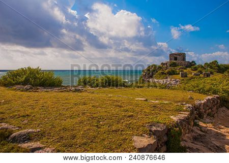 The Mayan Ruins In Tulum, Mexico, Yucatan. The Ruins Were Built On Tall Cliffs On The Caribbean Sea.