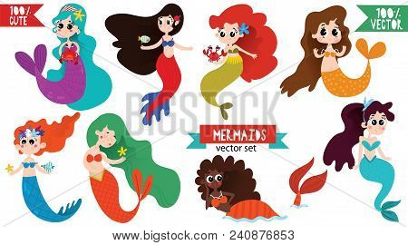Vector Set Of Cute Cartoon Mermaids. Awesome Childish Collection In Cartoon Style - Stock Vector