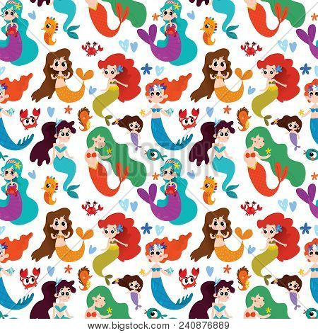 Seamless Cute Pattern With Mermaids On White Background.magic Background Can Be Used For Wallpapers,