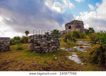 The Mayan Ruins In Tulum, Mexico, Yucatan. The Ruins Were Built On Tall Cliffs On The Caribbean Sea.