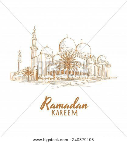 Ramadan Kareem Text With Mosque. Vector Illustration. Ramadan Mosque Skech