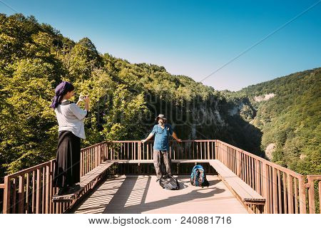 Zeda-gordi, Georgia - September 13, 2017: Tourist Taking Photo On Observation Platform In End Of Nar