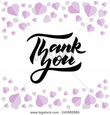 Thank You Hand Drawn Vector Modern Lettering. Black Letters With Purple Hearts On White Background. 