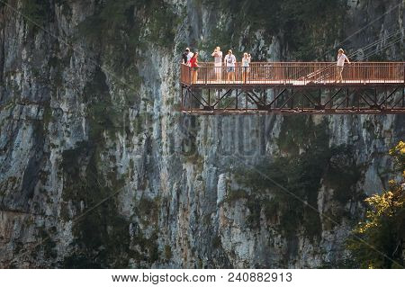 Zeda-gordi, Georgia - September 13, 2017: Tourist On Observation Platform In The End Of Narrow Suspe