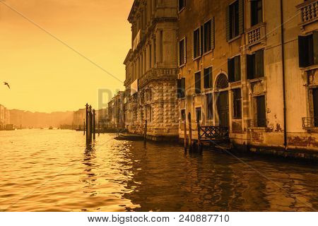 Foggy Morning On The Grand Canal In Venice. Sepia Style.