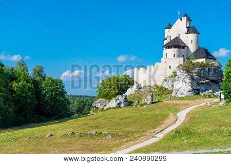 Bobolice, Poland - August 13, 2017: White Stone Medieval Castle Of Bobolice
