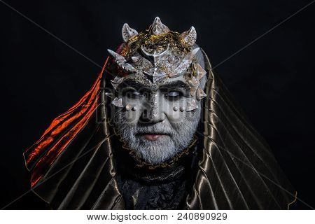 Senior Man With White Beard Dressed Like Monster. Fantasy Concept. Man With Thorns Or Warts, Face Co
