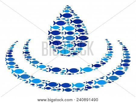 Fish Drop Ripple Collage In Blue Color Hues. Vector Fish Symbols Are United Into Drop Ripple Illustr